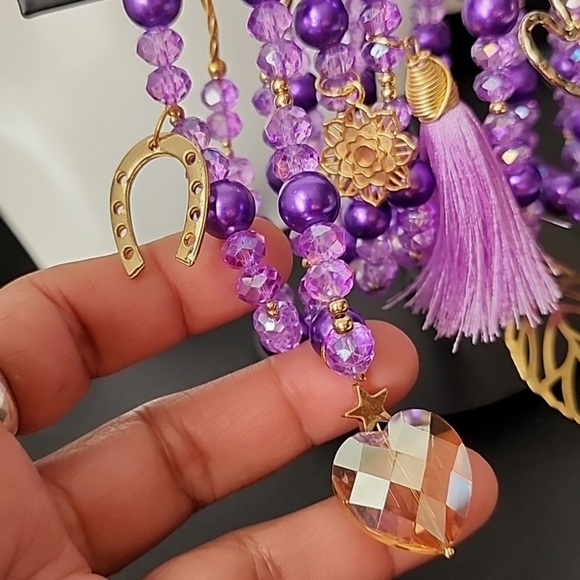 Hand Made Set of 7 Purple Crystal Glass Bracelets with Gold Charms Semanario - Picture 4 of 7